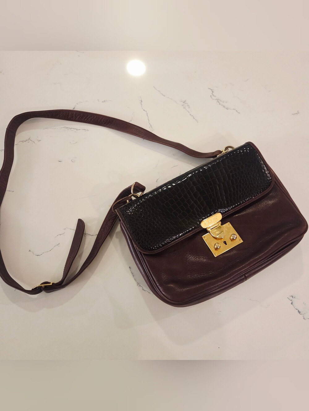 Vtg Bally Black Brown Shoulder Purse Crocodile Embossed Leather Crossbody Bag
